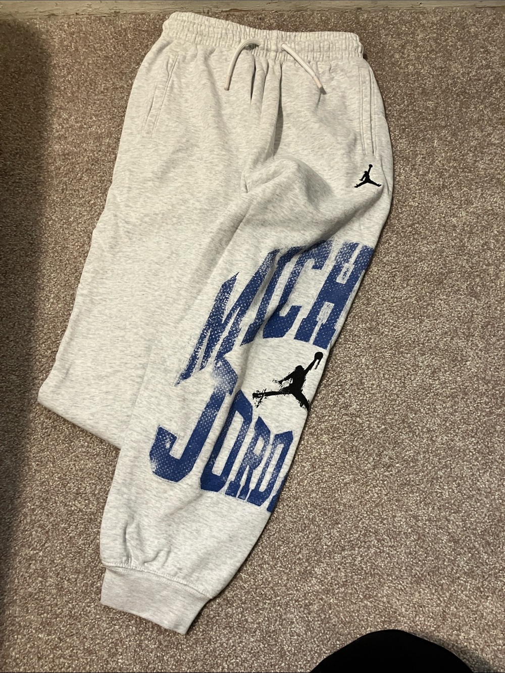 Jordan Light Gray size youth MEDIUM Sweatpants with Blue & Black Graphic